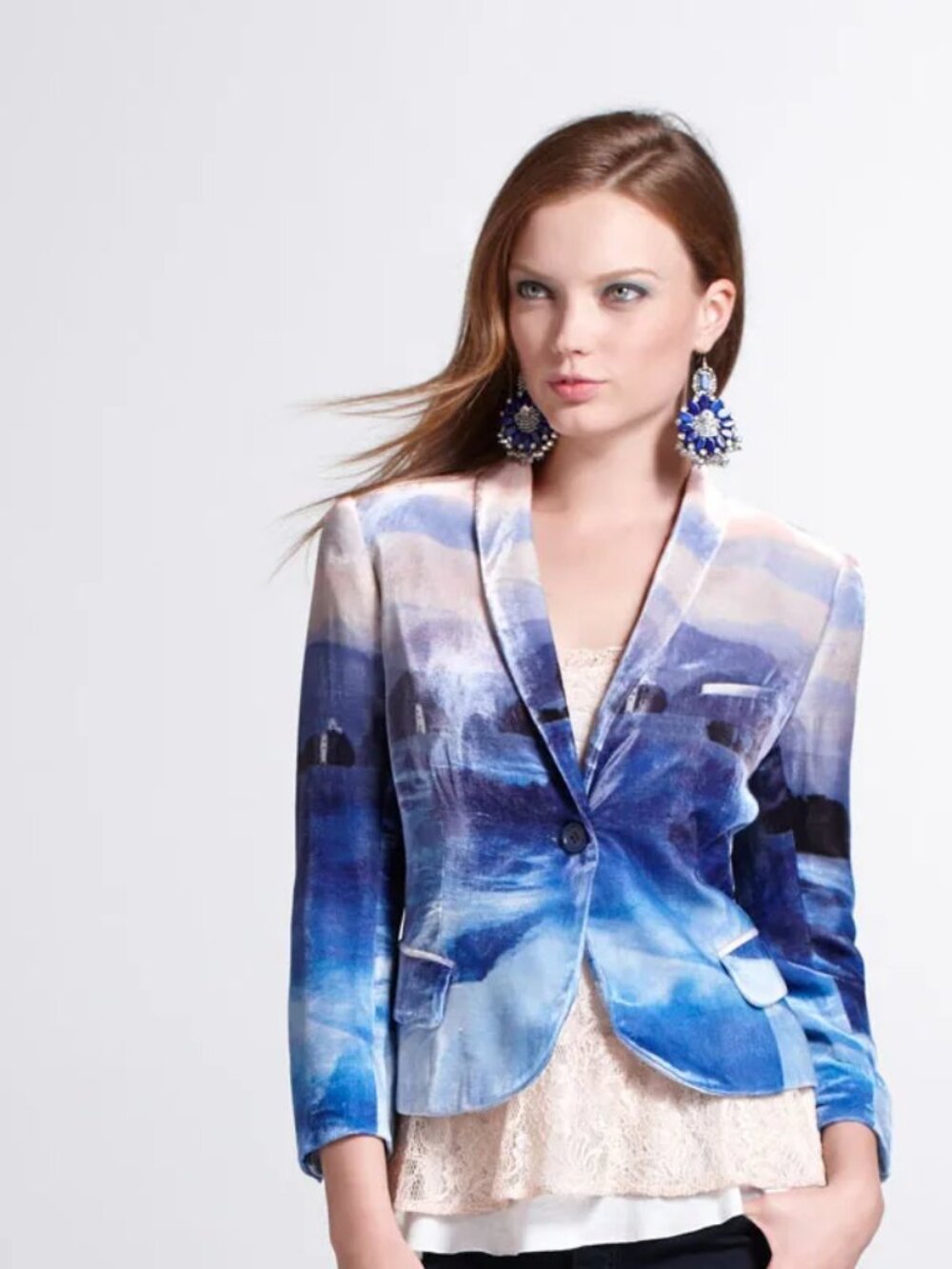 Anthropologie Sophie Duran Floating Fjords Silk & Velvet Blazer Jacket US 2